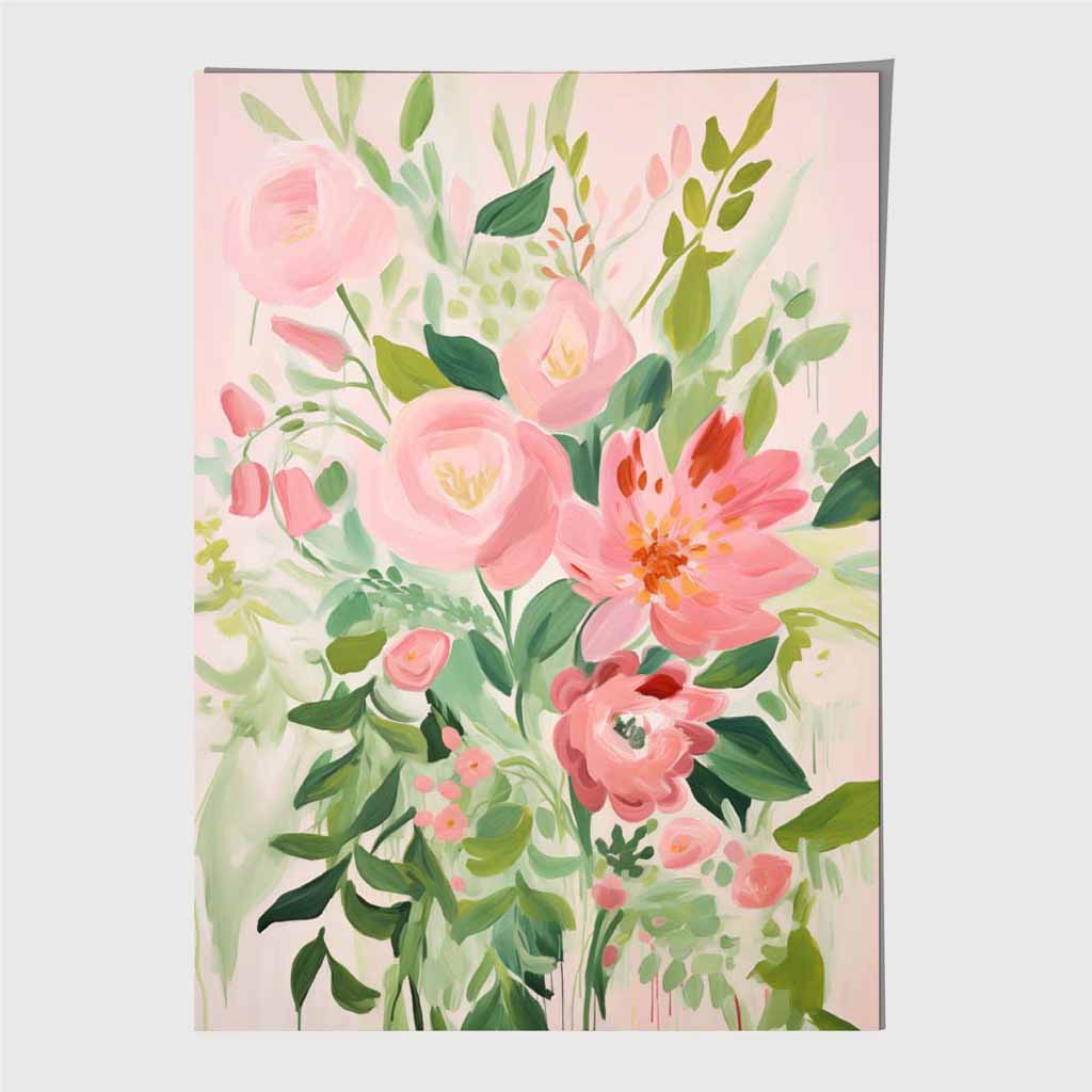 Abstract Painted Pink, Green Flowers  Art Poster | Wall Art Plaza UK