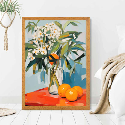 Abstract Painted Orange, Blue Kitchen Flowers  Art Print | Wall Art Plaza UK