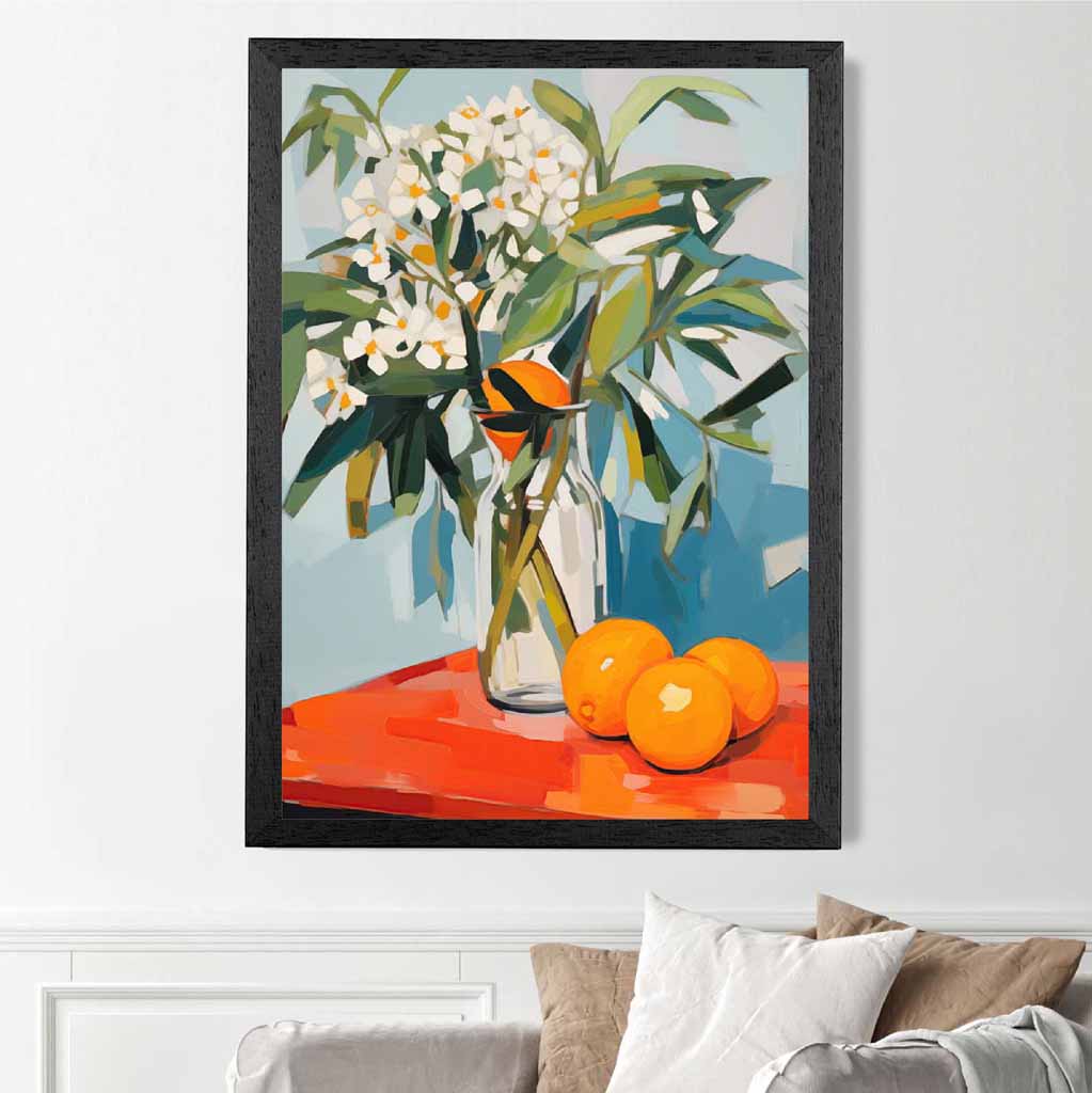 Abstract Painted Orange, Blue Kitchen Flowers  Art Print | Wall Art Plaza UK