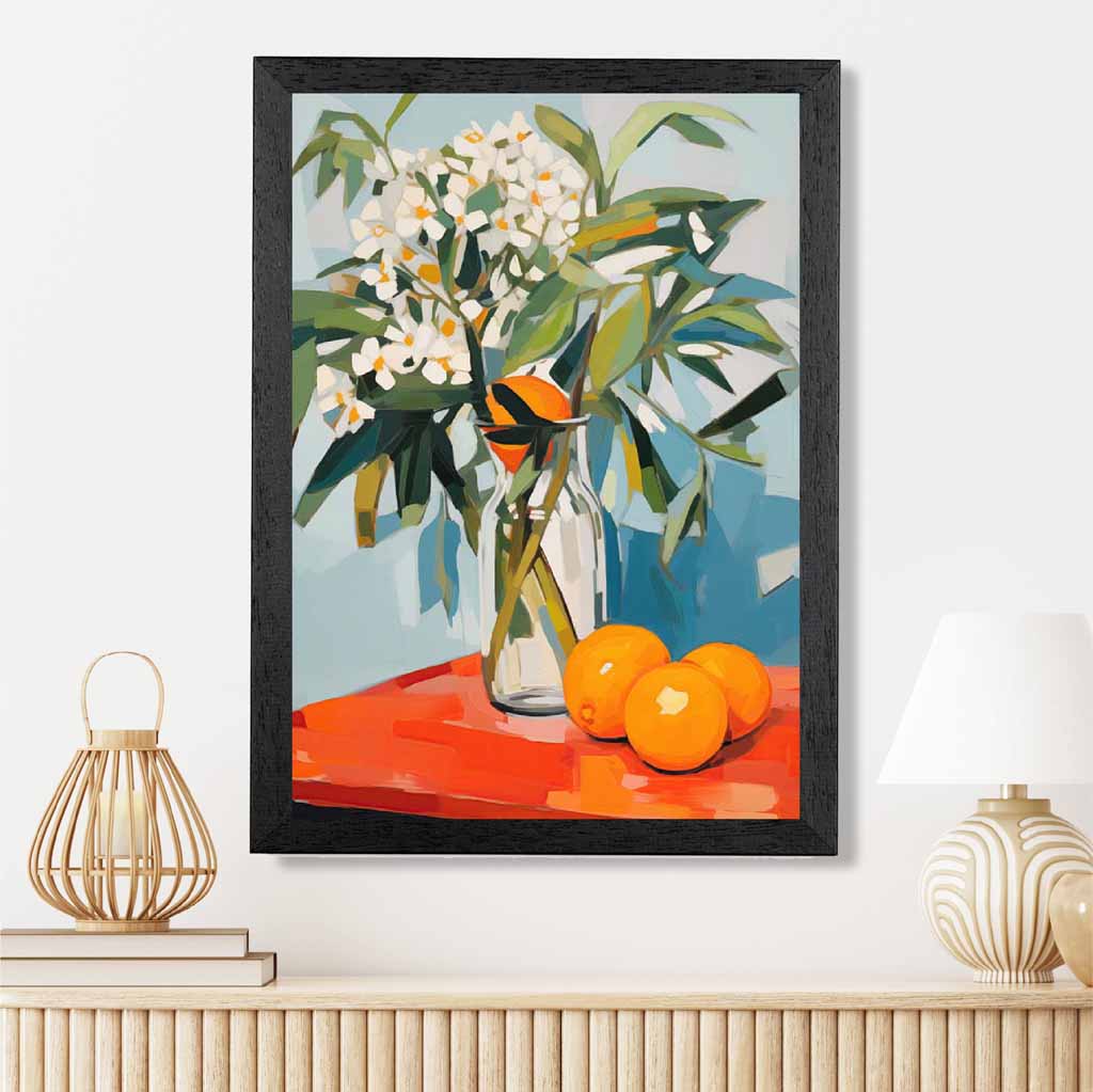 Abstract Painted Orange, Blue Kitchen Flowers  Art Print | Wall Art Plaza UK