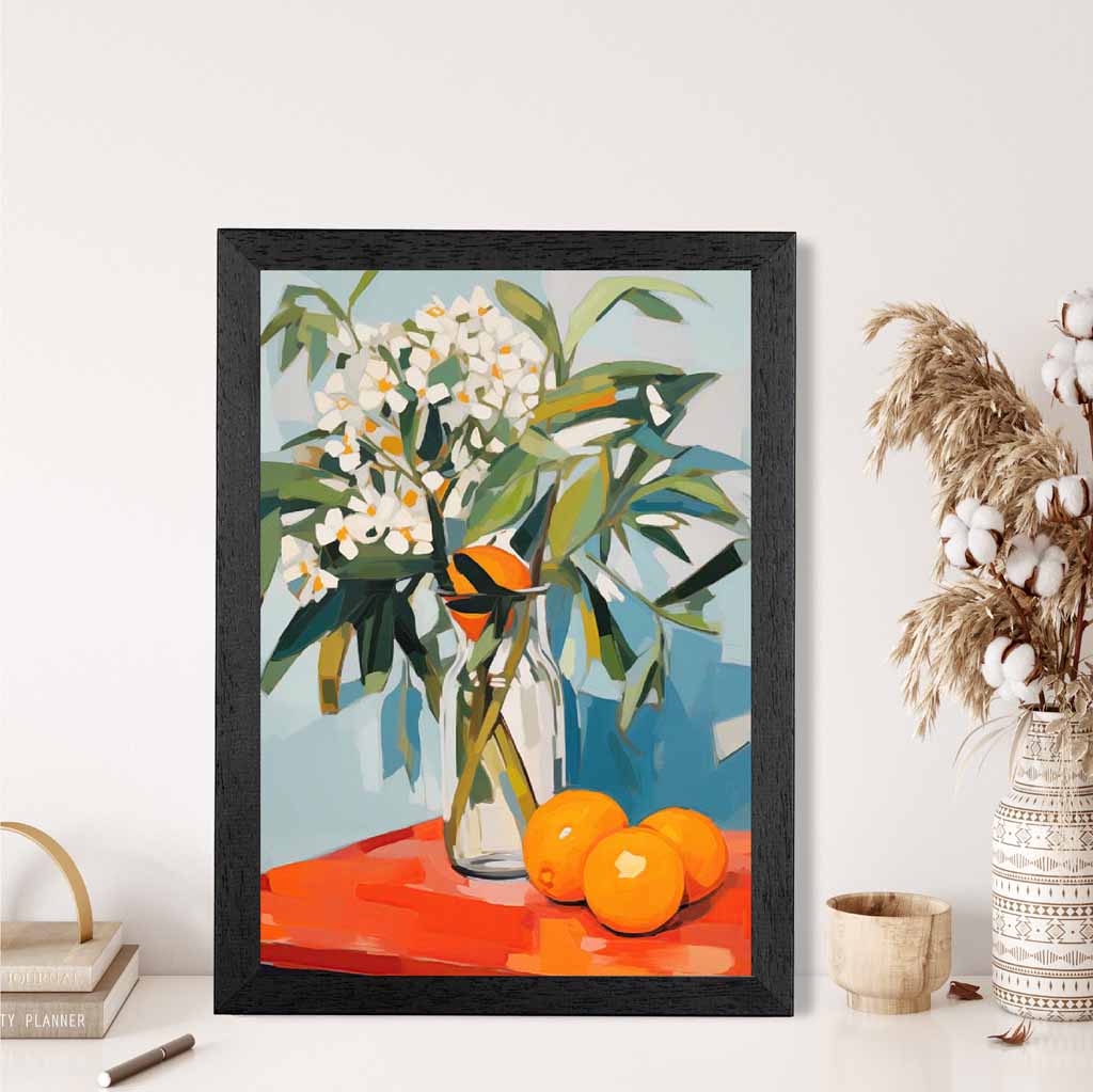 Abstract Painted Orange, Blue Kitchen Flowers  Art Print | Wall Art Plaza UK