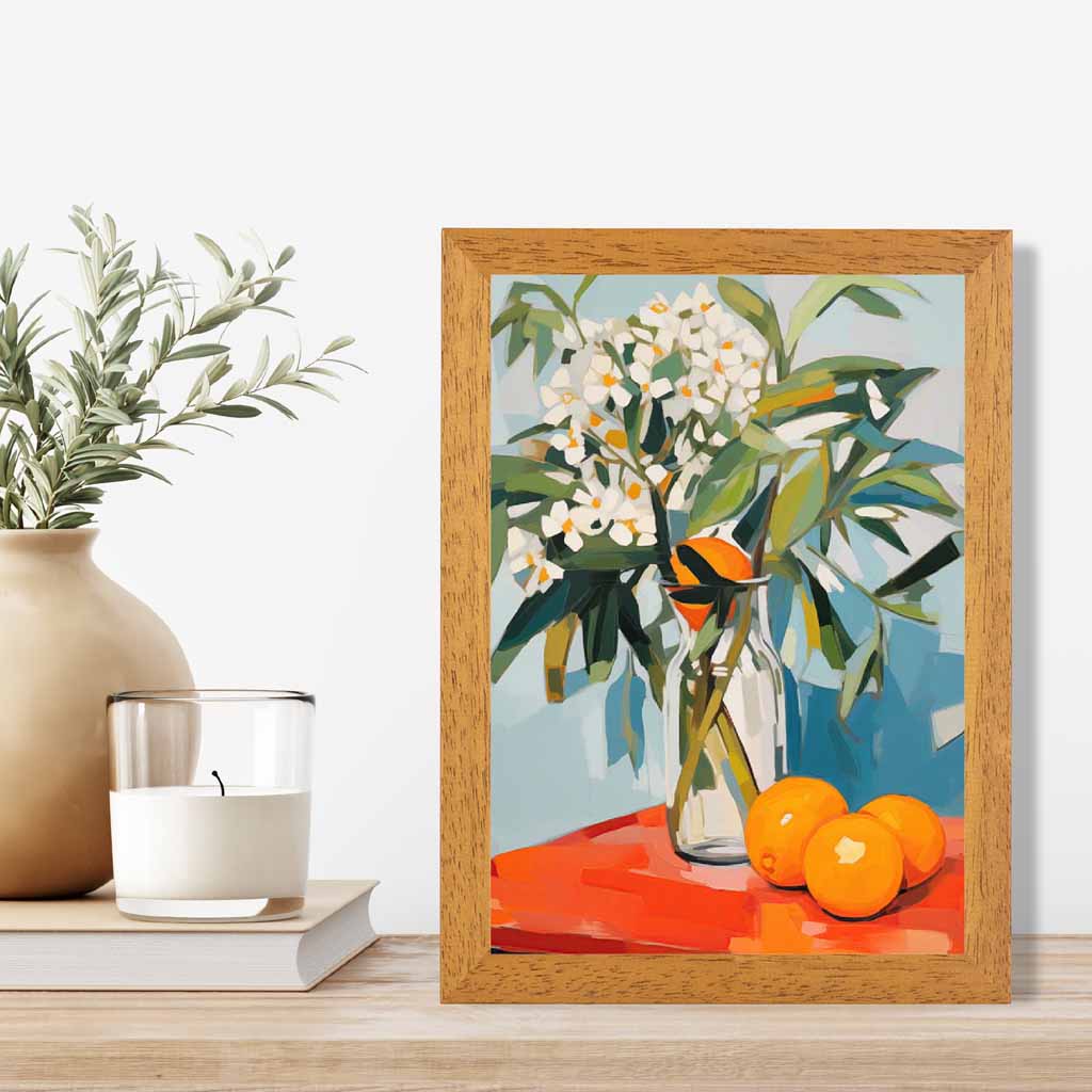 Abstract Painted Orange, Blue Kitchen Flowers  Art Print | Wall Art Plaza UK