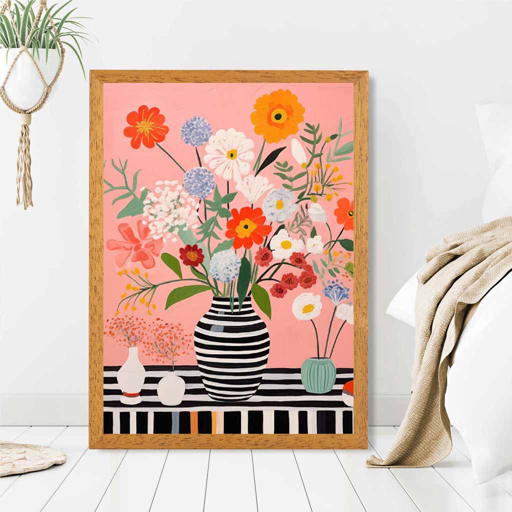 Bright Floral Black, Colourful Flowers and Vase  Art Print | Wall Art Plaza UK