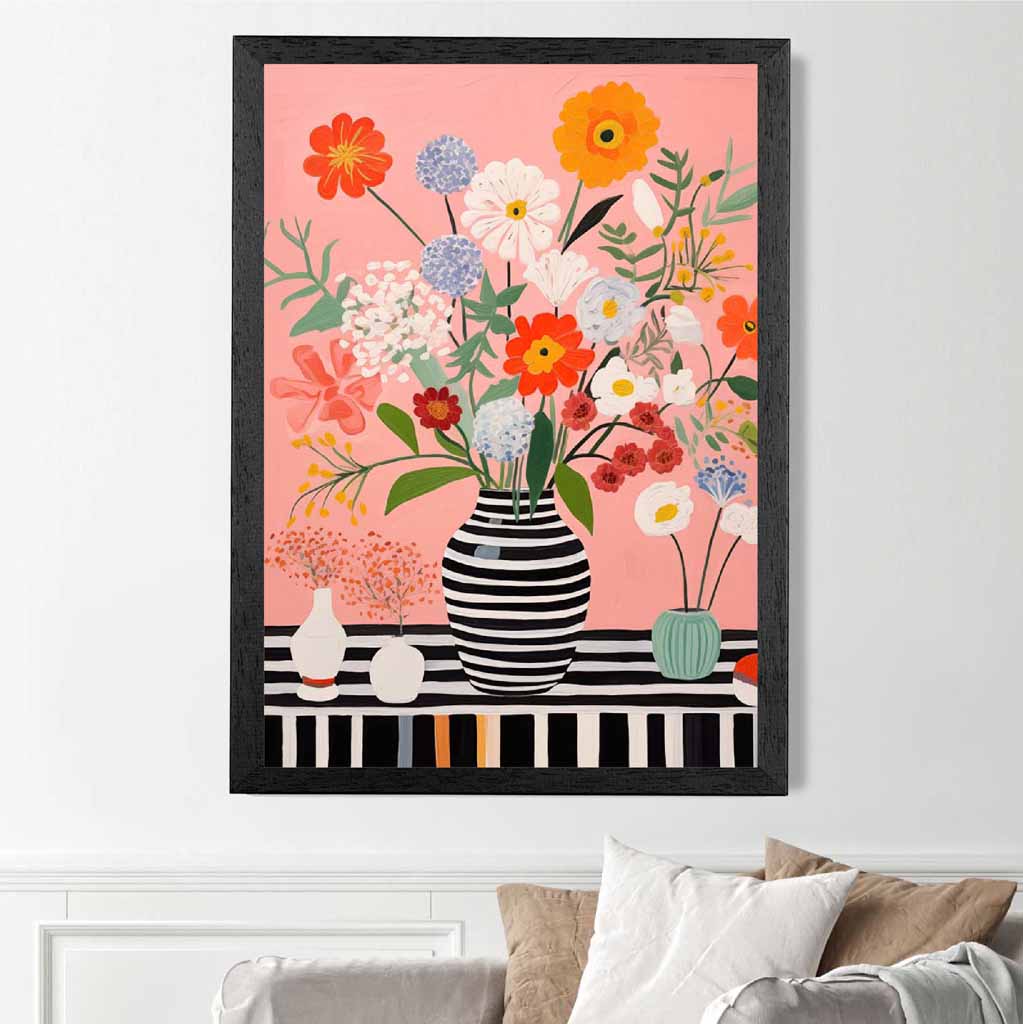 Bright Floral Black, Colourful Flowers and Vase  Art Print | Wall Art Plaza UK