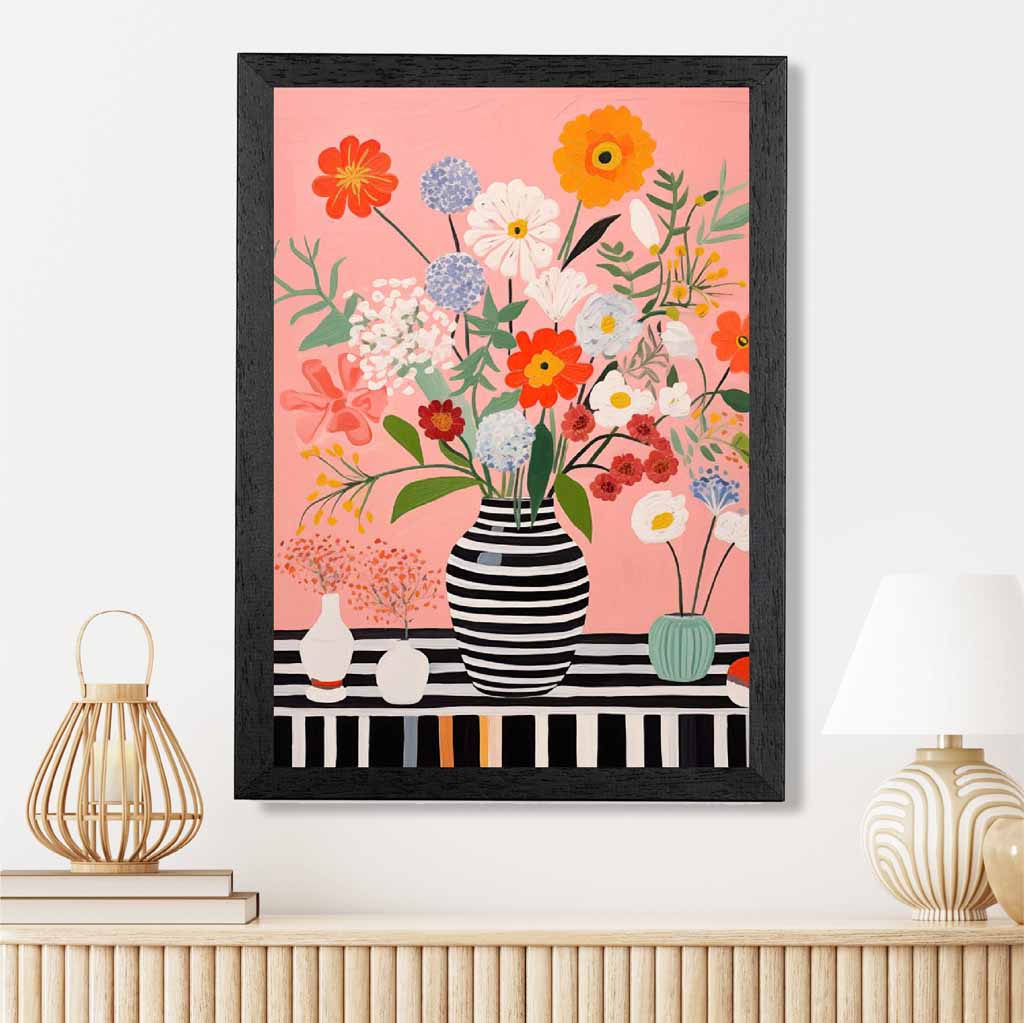 Bright Floral Black, Colourful Flowers and Vase  Art Print | Wall Art Plaza UK