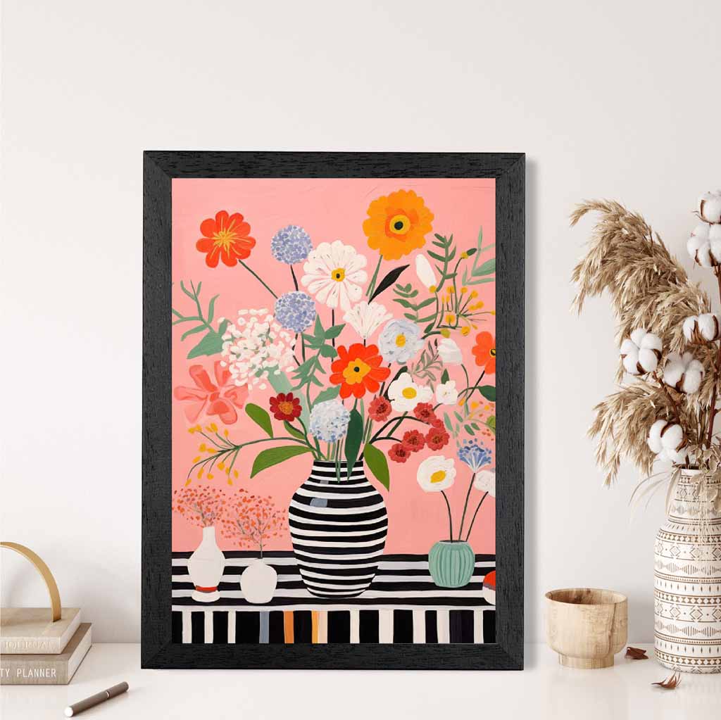 Bright Floral Black, Colourful Flowers and Vase  Art Print | Wall Art Plaza UK