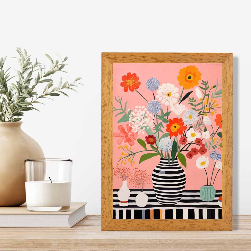 Bright Floral Black, Colourful Flowers and Vase  Art Print | Wall Art Plaza UK