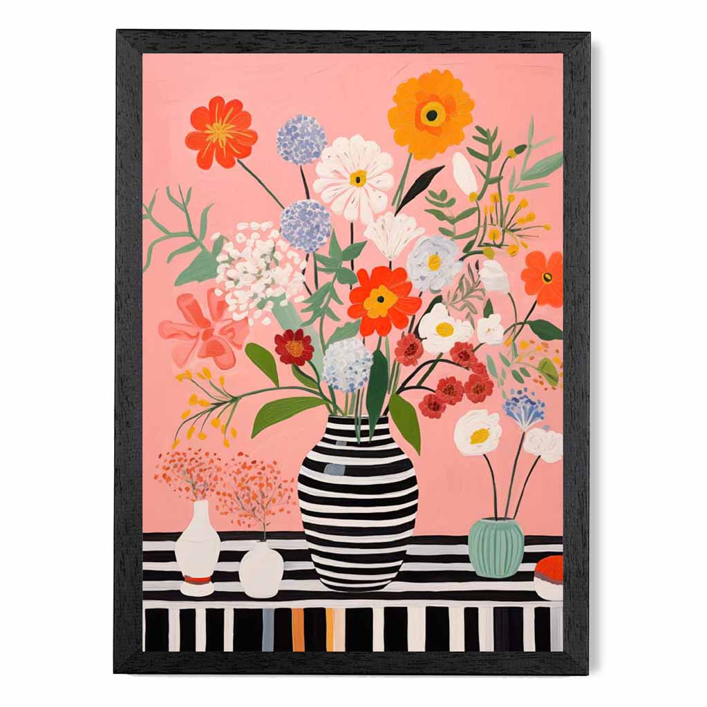 Bright Floral Black, Colourful Flowers and Vase  Art Print | Wall Art Plaza UK