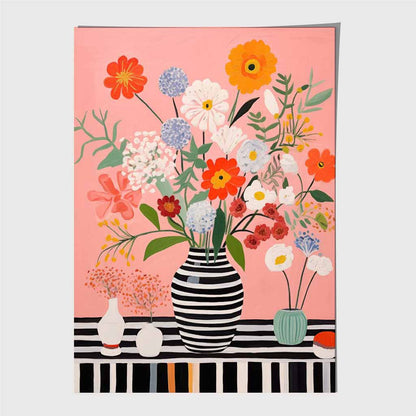 Bright Floral Black, Colourful Flowers and Vase  Art Print | Wall Art Plaza UK