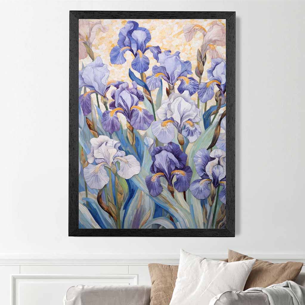 Vintage Floral Purple, Green Irises Illustration  Art Print | Wall Art Plaza UK