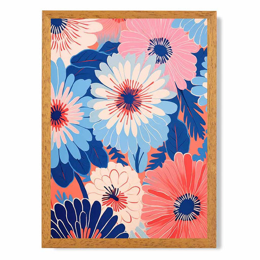 Quirky Bright Blue, Pink Floral Pattern No 1  Art Print | Wall Art Plaza UK