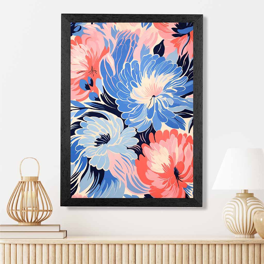 Quirky Bright Blue, Pink Floral Pattern No 2  Art Print | Wall Art Plaza UK