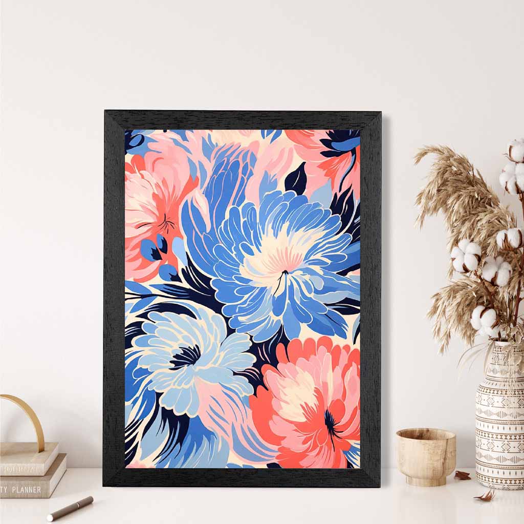 Quirky Bright Blue, Pink Floral Pattern No 2  Art Print | Wall Art Plaza UK