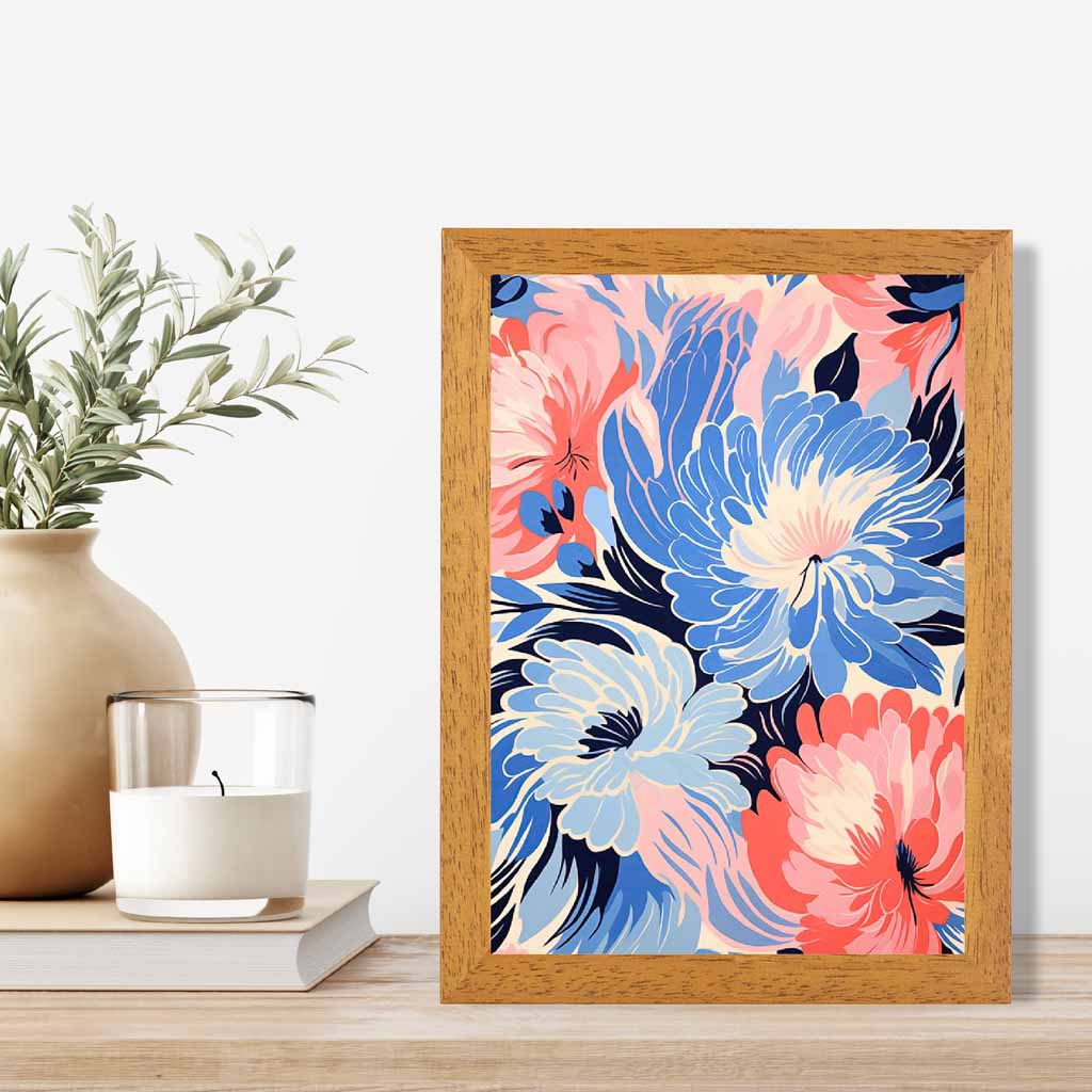 Quirky Bright Blue, Pink Floral Pattern No 2  Art Print | Wall Art Plaza UK