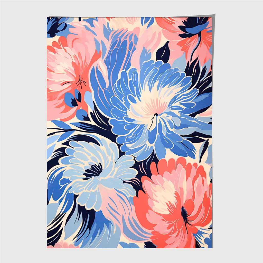 Quirky Bright Blue, Pink Floral Pattern No 2  Art Print | Wall Art Plaza UK