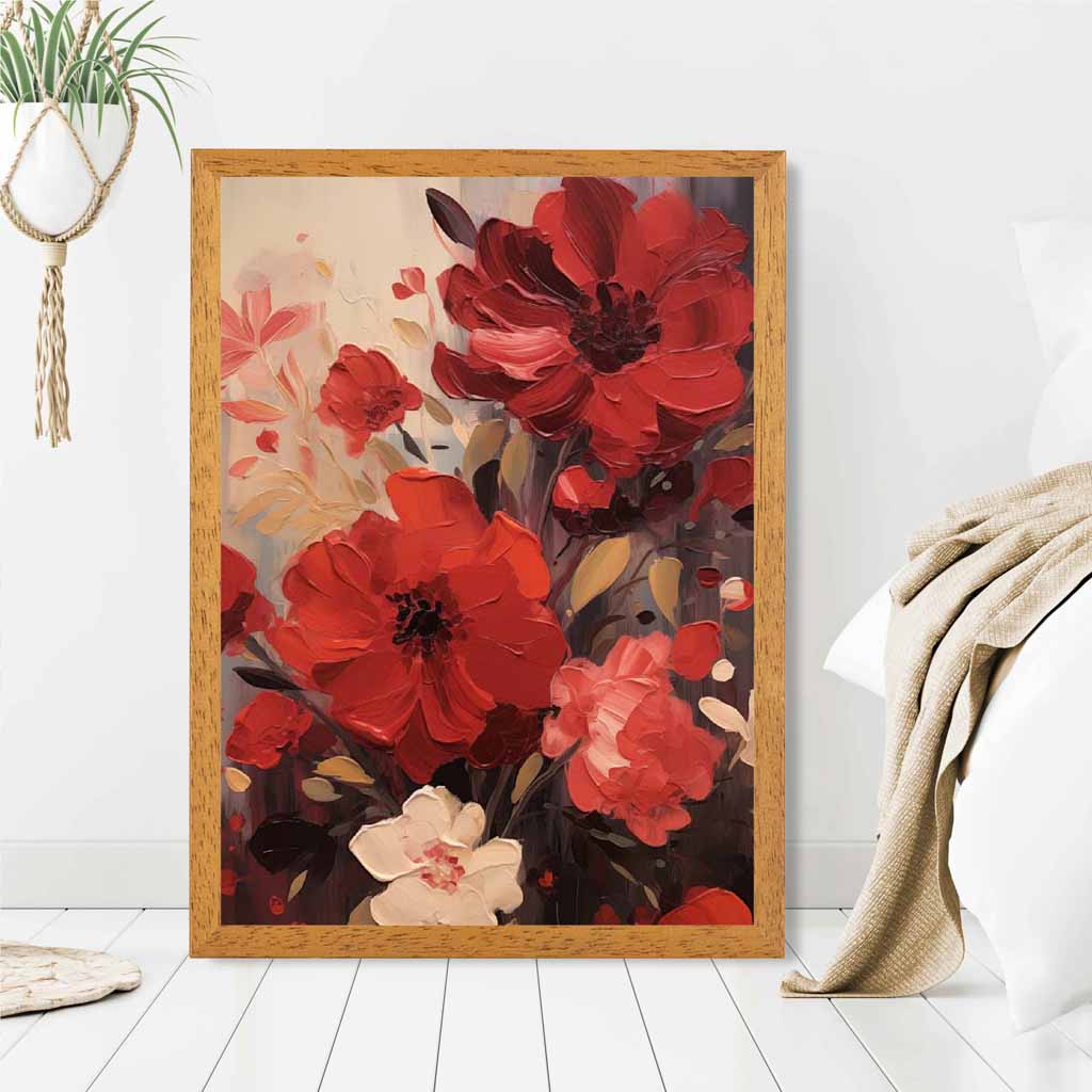 Vintage Painted Red, Beige Flowers  Art Print | Wall Art Plaza UK