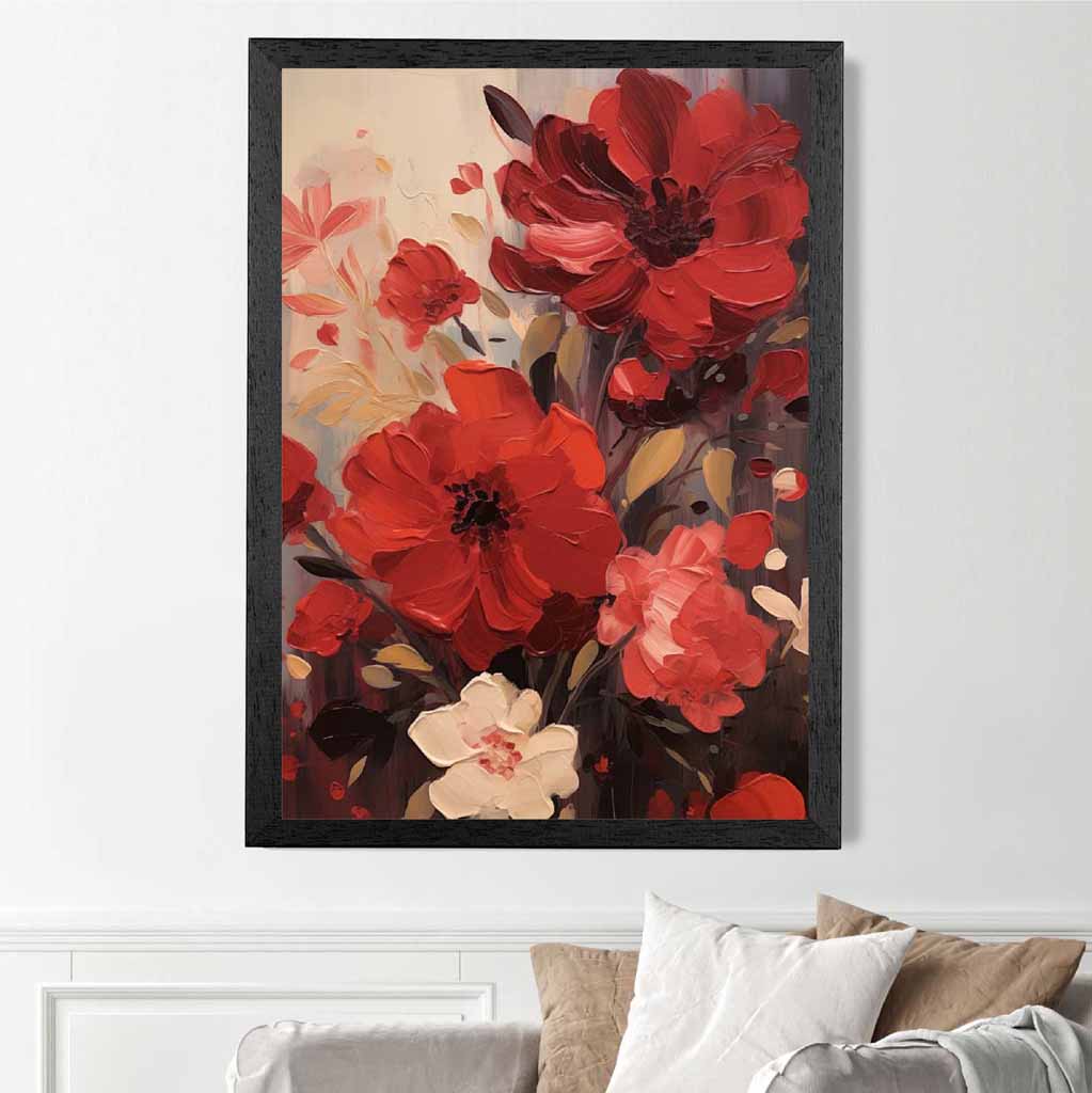 Vintage Painted Red, Beige Flowers  Art Print | Wall Art Plaza UK