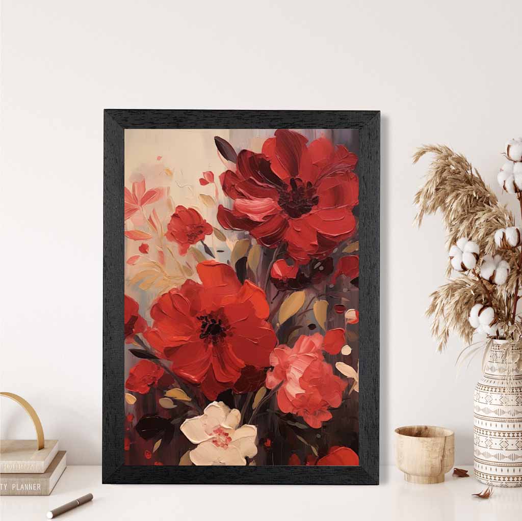 Vintage Painted Red, Beige Flowers  Art Print | Wall Art Plaza UK