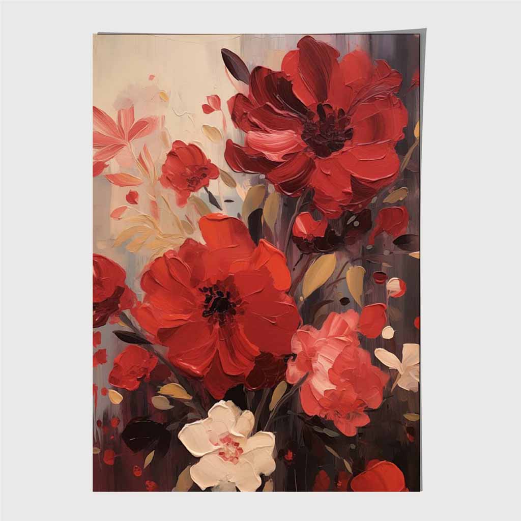 Vintage Painted Red, Beige Flowers  Art Print | Wall Art Plaza UK