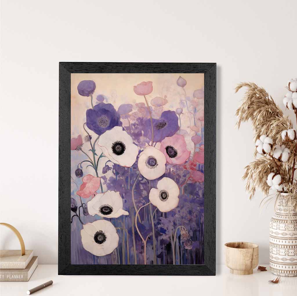 Abstract Floral Purple, Pink Poppies  Art Print | Wall Art Plaza UK