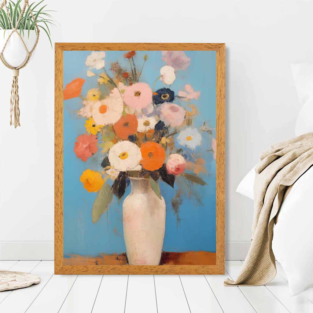 Abstract Painted Blue, Orange Flowers in Vase  Art Print | Wall Art Plaza UK