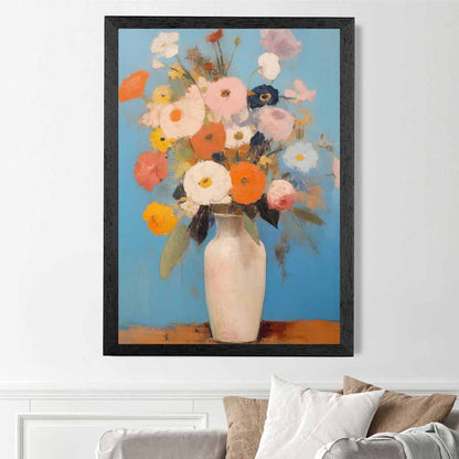 Abstract Painted Blue, Orange Flowers in Vase  Art Print | Wall Art Plaza UK