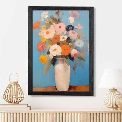 Abstract Painted Blue, Orange Flowers in Vase  Art Print | Wall Art Plaza UK