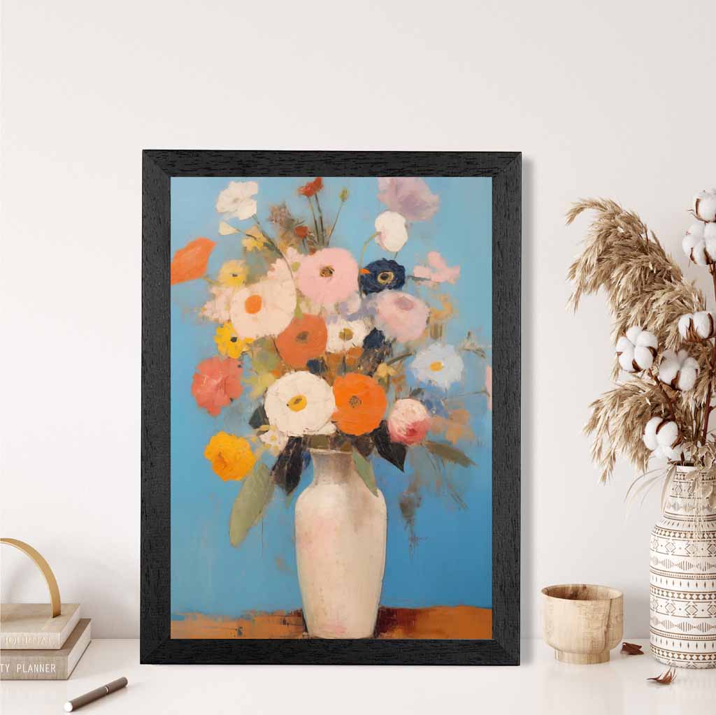 Abstract Painted Blue, Orange Flowers in Vase  Art Print | Wall Art Plaza UK