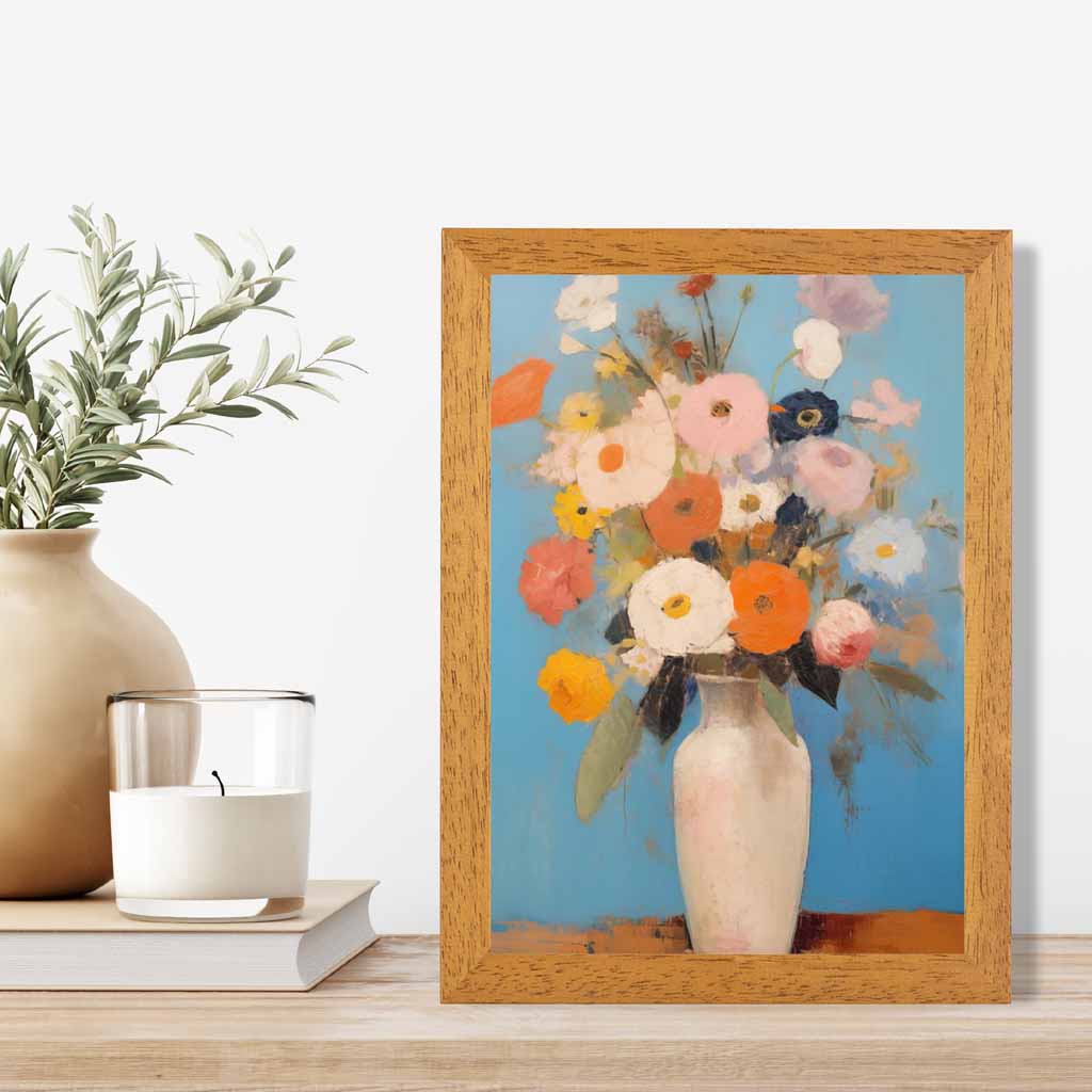 Abstract Painted Blue, Orange Flowers in Vase  Art Print | Wall Art Plaza UK