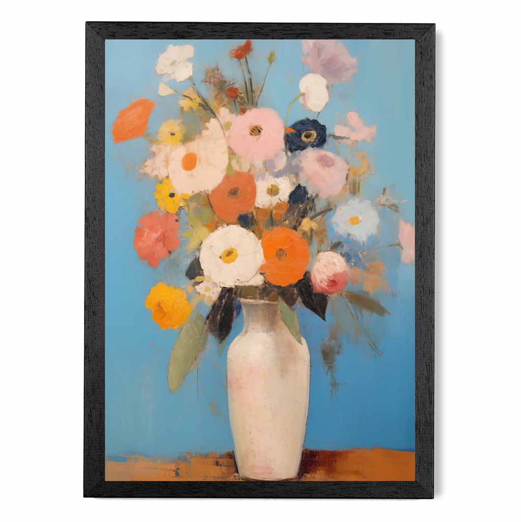 Abstract Painted Blue, Orange Flowers in Vase  Art Print | Wall Art Plaza UK