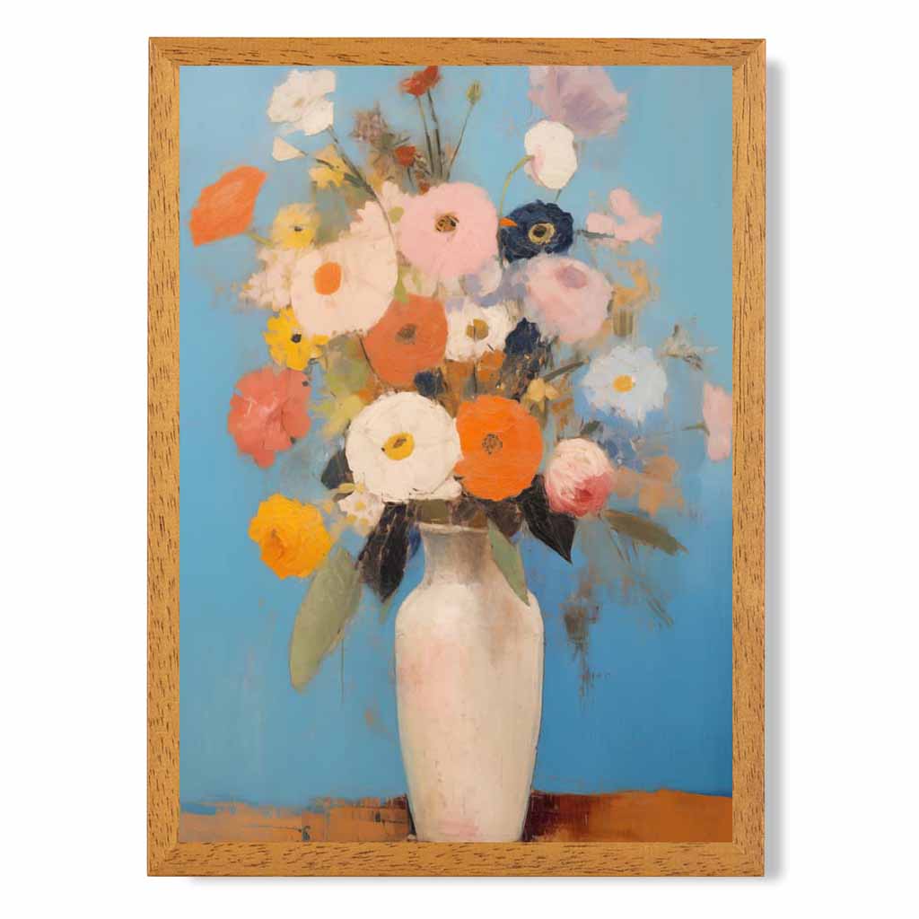 Abstract Painted Blue, Orange Flowers in Vase  Art Print | Wall Art Plaza UK