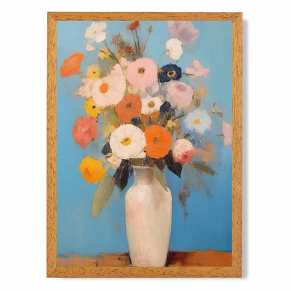 Abstract Painted Blue, Orange Flowers in Vase  Art Print | Wall Art Plaza UK