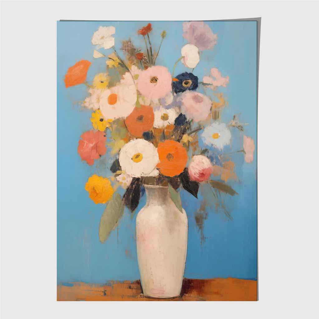 Abstract Painted Blue, Orange Flowers in Vase  Art Print | Wall Art Plaza UK