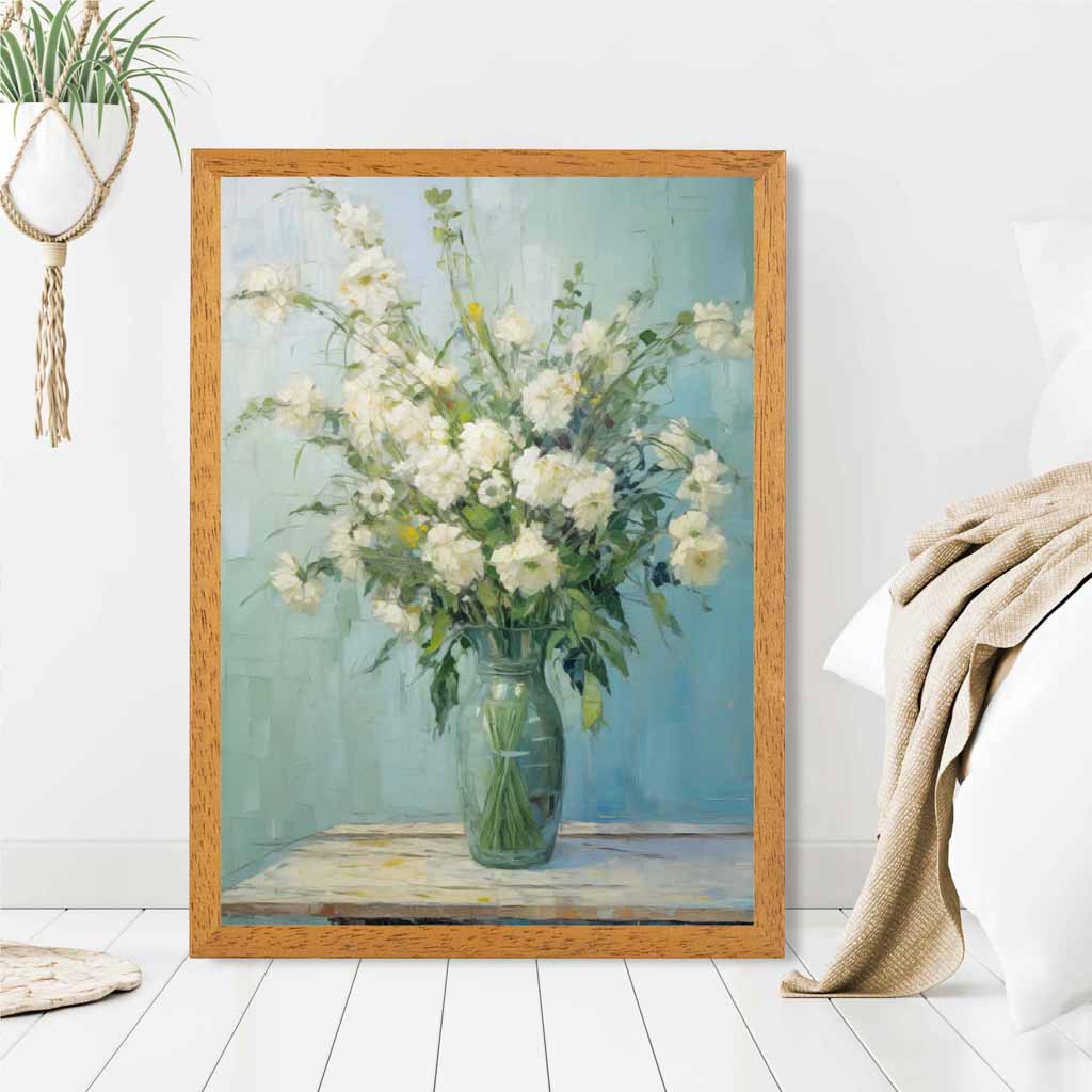 Vintage Painted Blue, White Flowers in Vase  Art Poster | Wall Art Plaza UK