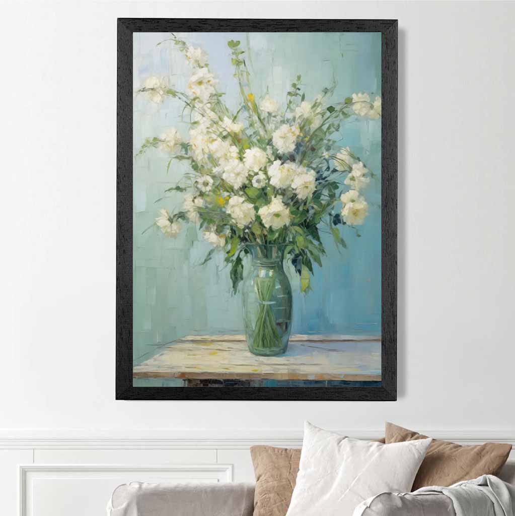 Vintage Painted Blue, White Flowers in Vase  Art Poster | Wall Art Plaza UK