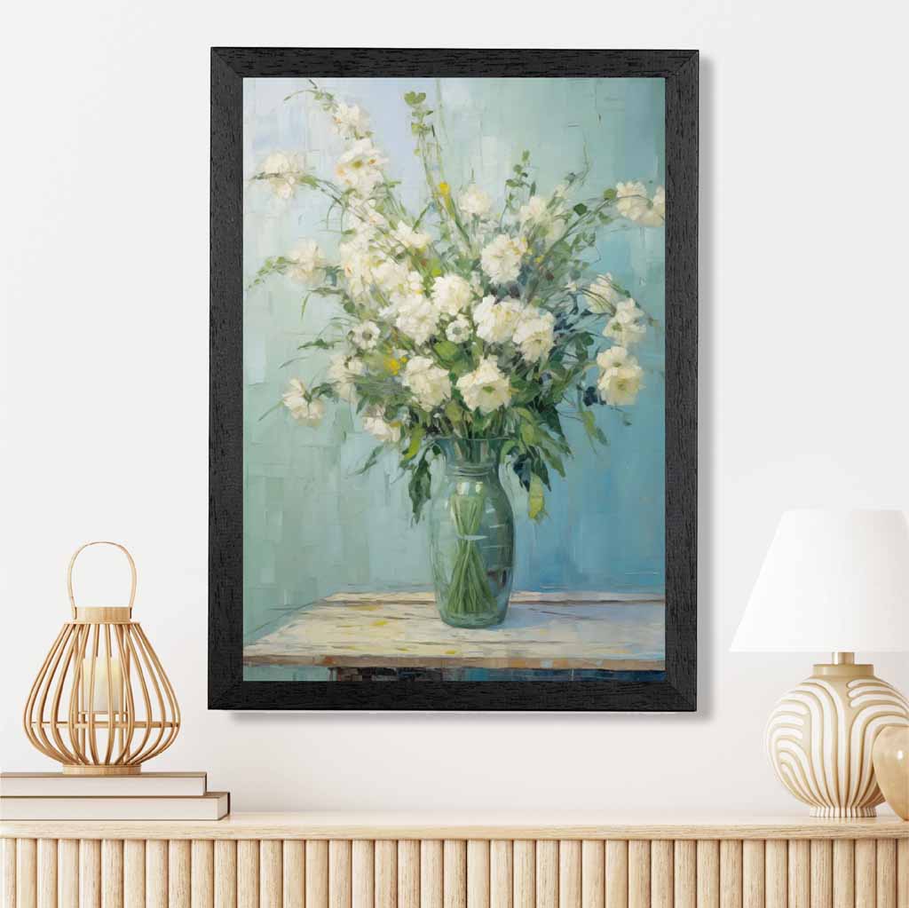 Vintage Painted Blue, White Flowers in Vase  Art Poster | Wall Art Plaza UK