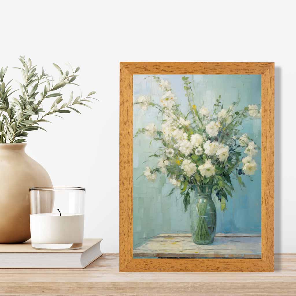 Vintage Painted Blue, White Flowers in Vase  Art Poster | Wall Art Plaza UK