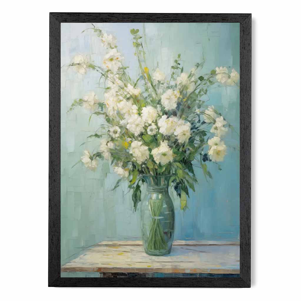 Vintage Painted Blue, White Flowers in Vase  Art Poster | Wall Art Plaza UK