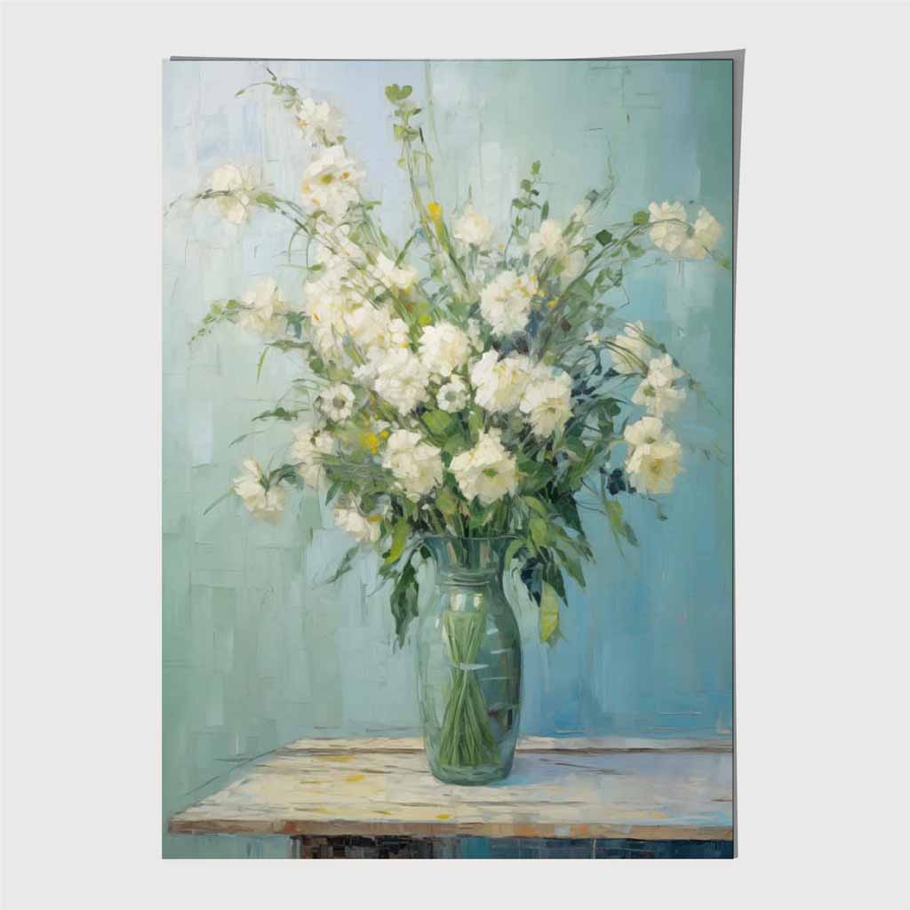 Vintage Painted Blue, White Flowers in Vase  Art Poster | Wall Art Plaza UK