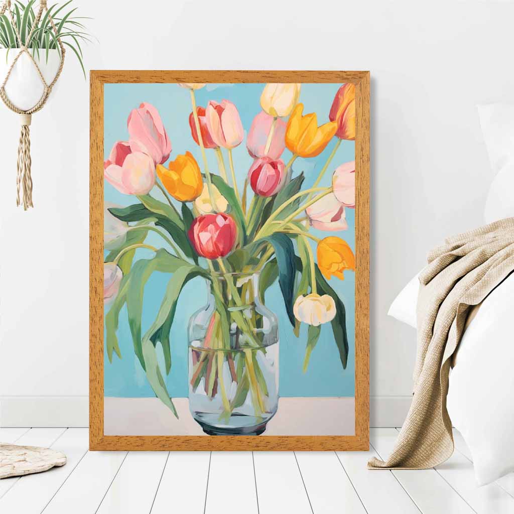 Modern Floral Blue, Colourful Tulips in Vase  Art Print | Wall Art Plaza UK