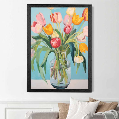 Modern Floral Blue, Colourful Tulips in Vase  Art Print | Wall Art Plaza UK