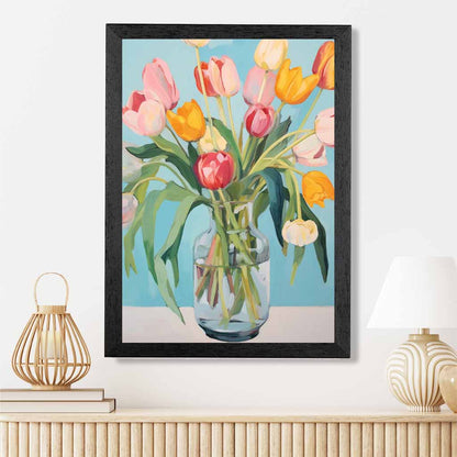 Modern Floral Blue, Colourful Tulips in Vase  Art Print | Wall Art Plaza UK