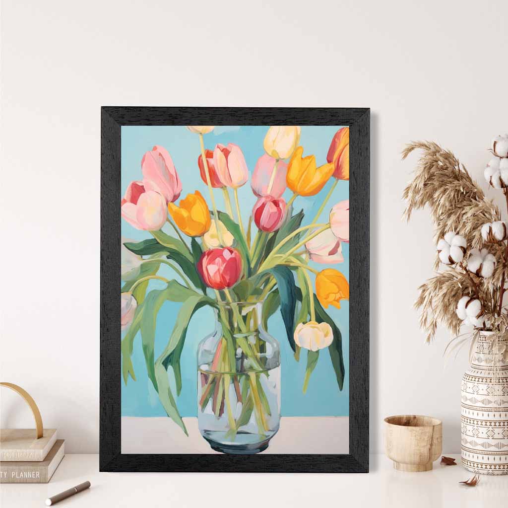 Modern Floral Blue, Colourful Tulips in Vase  Art Print | Wall Art Plaza UK