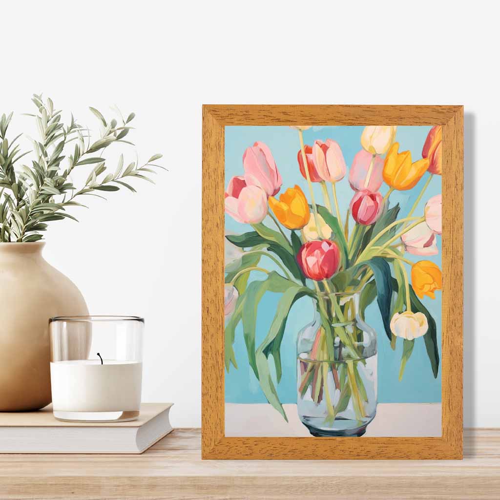 Modern Floral Blue, Colourful Tulips in Vase  Art Print | Wall Art Plaza UK