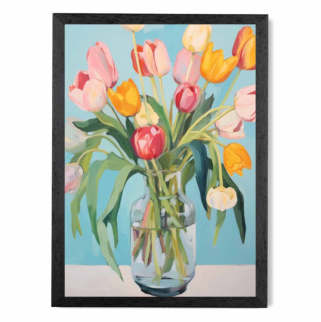 Modern Floral Blue, Colourful Tulips in Vase  Art Print | Wall Art Plaza UK