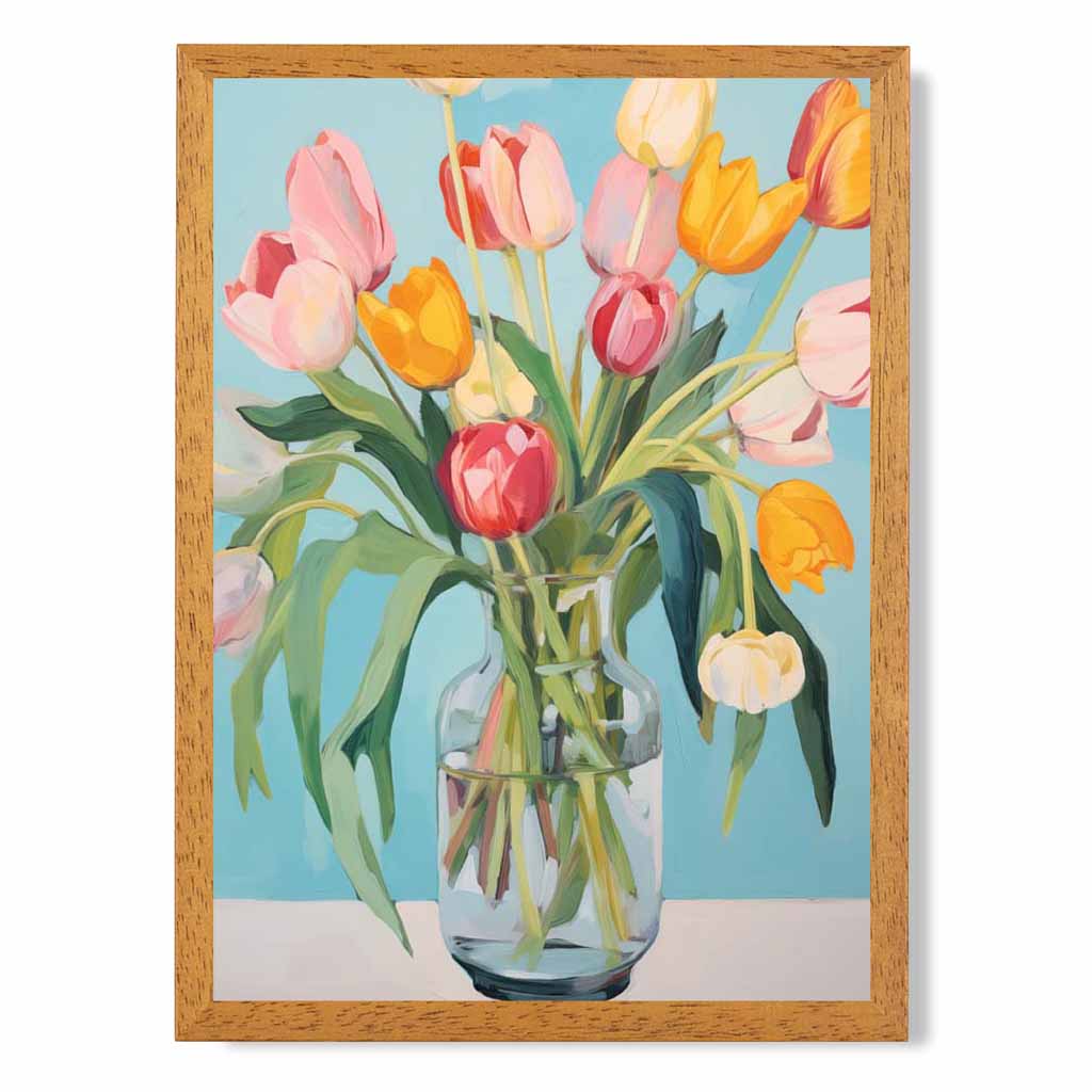 Modern Floral Blue, Colourful Tulips in Vase  Art Print | Wall Art Plaza UK