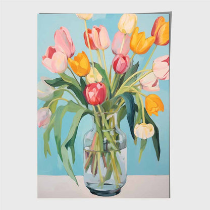 Modern Floral Blue, Colourful Tulips in Vase  Art Print | Wall Art Plaza UK