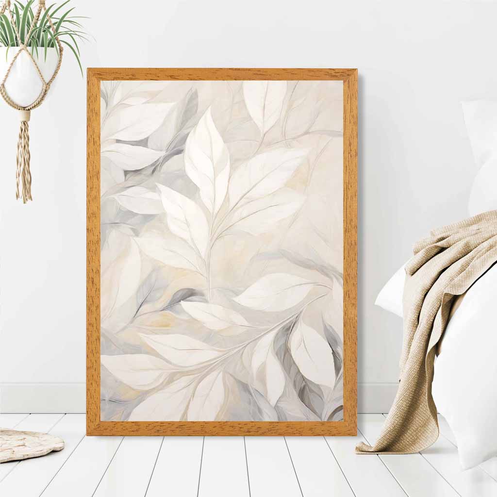 Pastel Painted Beige, Grey Leaves  Art Print | Wall Art Plaza UK