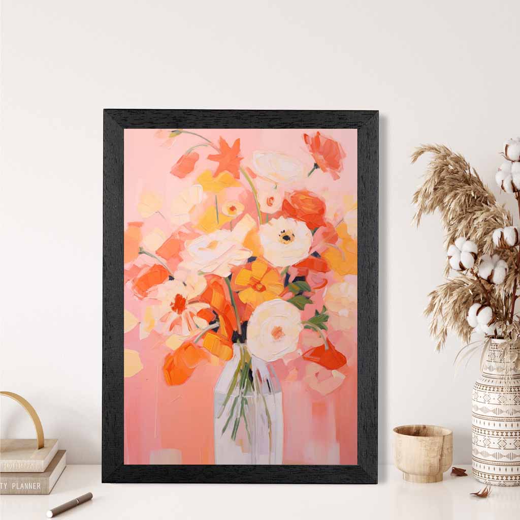 Modern Painted Pink, Red Flowers in Vase  Art Poster | Wall Art Plaza UK