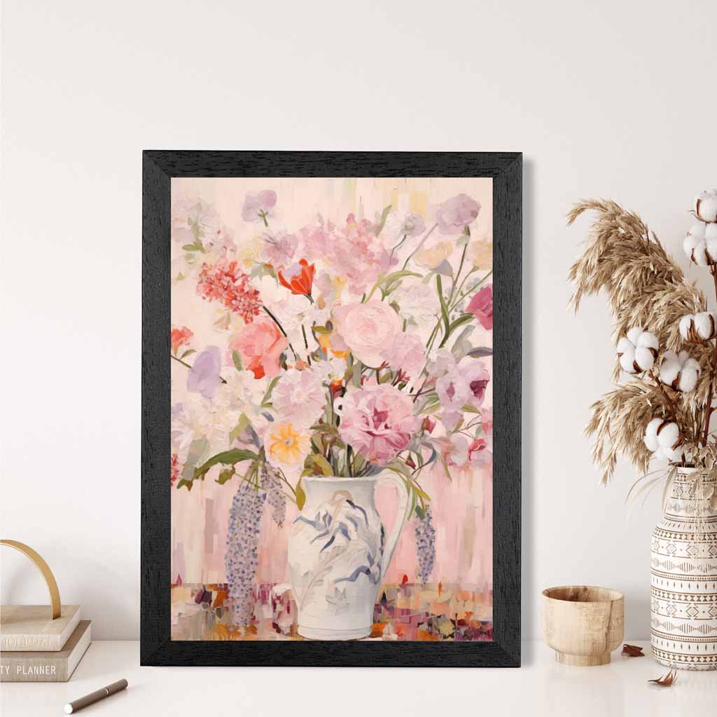 Vintage Painted Pink, Purple Cottage Flowers  Art Poster | Wall Art Plaza UK